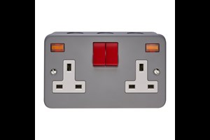 13A 2 Gang Switched Metalclad Socket With Neon & Red Rockers