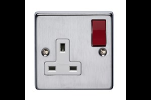 13A 1 Gang Single Pole Switched Socket Red Rocker With Neon Satin Chrome Finish
