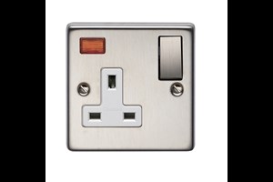13A 1 Gang Single Pole Switched Socket With Metal Rocker And Neon Stainless Steel Finish