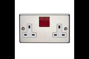 13A 2 Gang Single Pole Switched Socket, Red Rocker Stainless Steel Finish