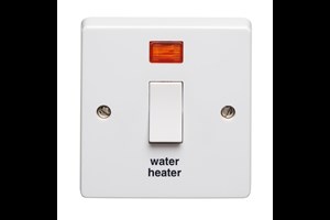 20A 1 Gang Double Pole Switch With Neon Printed 'Water Heater' In Black Text