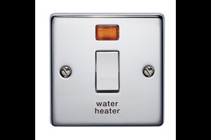 20A 1 Gang Double Pole Control Switch With Neon Printed 'Water Heater' Highly Polished Chrome Finish