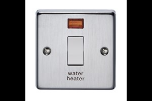 20A 1 Gang Double Pole Control Switch With Neon Printed 'Water Heater' Satin Chrome Finish