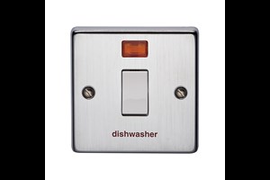 20A 1 Gang Double Pole Metal Switch With Neon Printed 'Dish Washer' Satin Chrome Finish