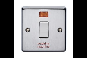20A 1 Gang Double Pole Metal Switch With Neon Printed 'Washing Machine' Satin Chrome Finish