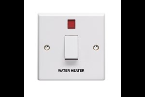 20A 1 Gang Double Pole Control Switch With Neon Printed 'Water Heater' in Black