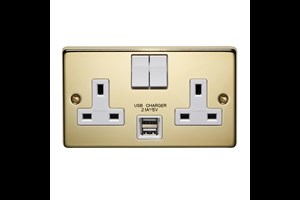 13A 2 Gang Double Pole Switched Socket With 2 USB s (Total 2.1A) Polished Brass Finish