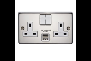 13A 2 Gang Double Pole Switched Socket With 2 USB s (Total 2.1A) Polished Stainless Steel Finish