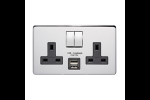 13A 2 Gang Double Pole Switched Socket With 2 USB s (Total 2.1A) Highly Polished Chrome Finish