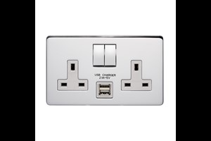 13A 2 Gang Double Pole Switched Socket With 2 USB s (Total 2.1A) Highly Polished Chrome Finish