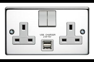 13A 2 Gang Double Pole Switched Socket With Dual 2.1A USB s Polished Steel Finish