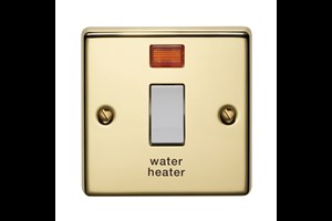 20A 1 Gang Double Pole Control Switch With Neon Printed 'Water Heater' Polished Brass Finish