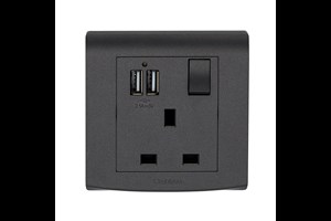 13A 1 Gang Switched Socket with USB Outlet (Total 2.1A) Black Finish