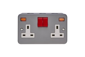 13A 2 Gang Switched Metalclad Socket With Neon & Red Rockers