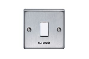 10AX 1 Gang 2 Way Single Pole Plate Switch Printed 'Fan Boost' in Black Stainless Steel Finish