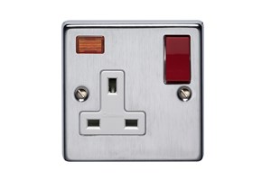13A 1 Gang Double Pole Switched Socket Red Rocker With Neon Satin Chrome Finish