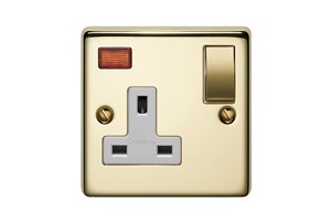 13A 1 Gang Single Pole Switched Socket With Metal Rocker And Neon Polished Brass Finish