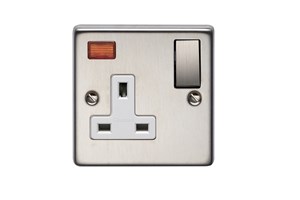 13A 1 Gang Single Pole Switched Socket With Metal Rocker And Neon Stainless Steel Finish