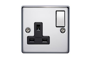 13A 1 Gang Double Pole Switched Socket With Metal Rocker Highly Polished Chrome Finish