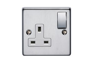 13A 1 Gang Double Pole Switched Socket With Metal Rocker Satin Chrome Finish