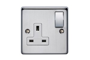 13A 1 Gang Single Pole Switched Socket With Metal Rocker Satin Chrome Finish