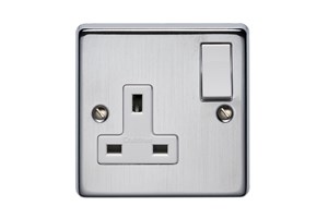 13A 1 Gang Single Pole Switched Socket Twin Earth Satin Chrome Finish