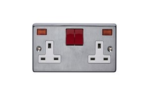 13A 2 Gang Double Pole Switched Socket Red Rocker With Neon Satin Chrome Finish