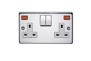 13A 2 Gang Single Pole Switched Socket With Metal Rocker And Neon Highly Polished Chrome Finish