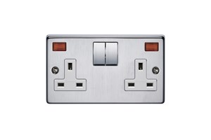 13A 2 Gang Single Pole Switched Socket With Metal Rocker And Neon Satin Chrome Finish