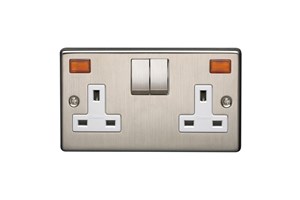 13A 2 Gang Single Pole Switched Socket With Metal Rocker And Neon Stainless Steel Finish