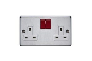 13A 2 Gang Double Pole Switched Socket Red Rocker Satin Chrome Finish