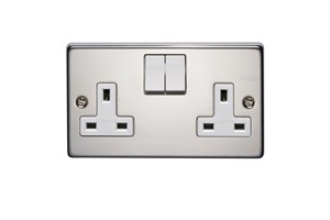 13A 2 Gang Single Pole Switched Socket Polished Stainless Steel Finish