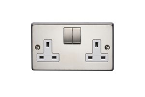 13A 2 Gang Single Pole Switched Socket With Metal Rocker Stainless Steel Finish