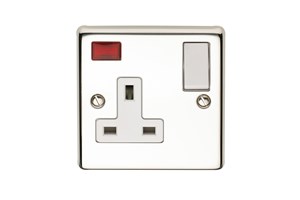 13A 1 Gang Single Pole Switched Socket With Neon Indicator Polished Steel Finish