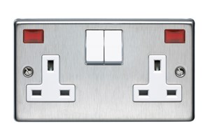13A 2 Gang Single Pole Switched Socket With Neon Indicators Stainless Steel Finish