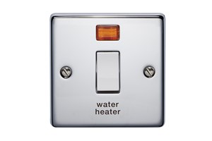 20A 1 Gang Double Pole Control Switch With Neon Printed 'Water Heater' Highly Polished Chrome Finish
