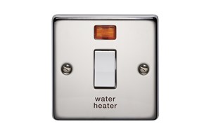20A 1 Gang Double Pole Control Switch With Neon Printed 'Water Heater' Polished Stainless Steel Finish