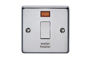 20A 1 Gang Double Pole Control Switch With Neon Printed 'Water Heater' Satin Chrome Finish