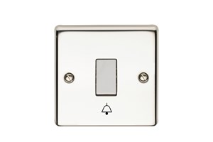 10A 1 Gang 2 Way Single Pole Retractive Plate Switch Printed 'Bell Symbol' Polished Steel Finish