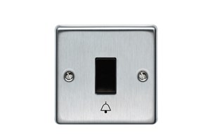 10A 1 Gang 2 Way Single Pole Retractive Plate Switch Printed 'Bell Symbol' Stainless Steel Finish