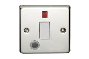 20A 1 Gang Double Pole Control Switch With Neon Indicator & Flex Outlet Polished Steel Finish