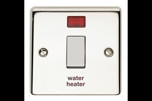 20A 1 Gang Double Pole Control Switch With Neon Indicator Printed 'Water Heater' Polished Steel Finish