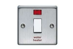 20A 1 Gang Double Pole Control Switch With Neon Indicator Printed 'Water Heater' Stainless Steel Finish