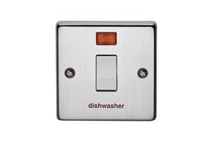 20A 1 Gang Double Pole Metal Switch With Neon Printed 'Dish Washer' Satin Chrome Finish