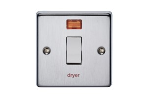 20A 1 Gang Double Pole Metal Switch With Neon Printed 'Dryer' Satin Chrome Finish