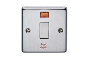 20A 1 Gang Double Pole Metal Switch With Neon Printed 'Hair Dryer' Satin Chrome Finish