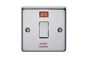 20A 1 Gang Double Pole Metal Switch With Neon Printed 'Water Heater' Satin Chrome Finish
