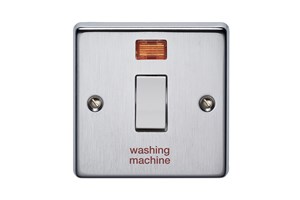 20A 1 Gang Double Pole Metal Switch With Neon Printed 'Washing Machine' Satin Chrome Finish