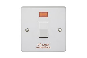 20A 1 Gang Double Pole Control Switch With Neon Printed 'Off Peak Underfloor'