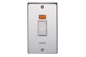 50A 2 Gang Double Pole Control Switch With Neon Printed 'Shower' Highly Polished Chrome Finish